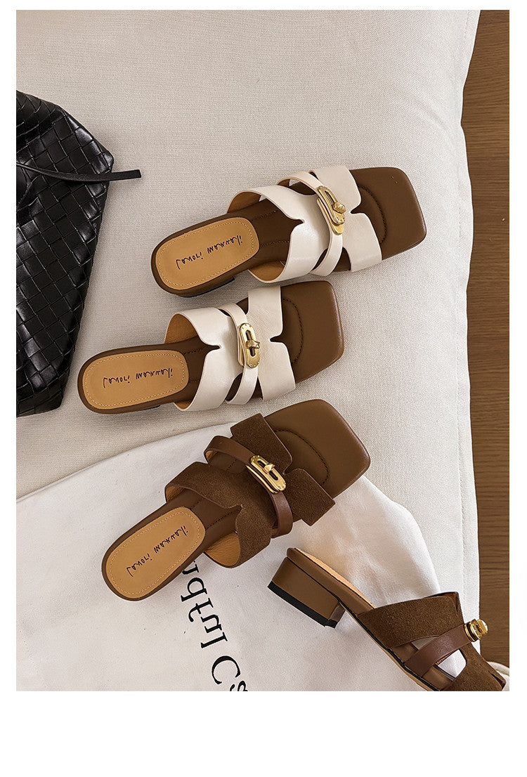 Karin Luna Comfortable Gold Buckle Square Toe Chunky Heel Casual Style Slippers
