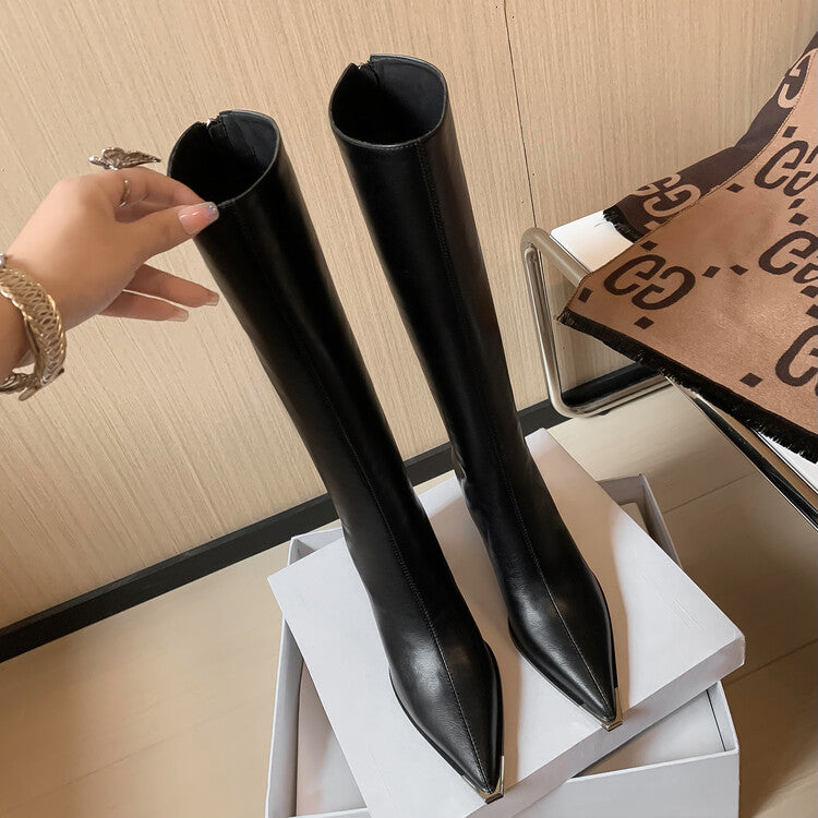 Karin Luna In Stock  In Stock Elegant Metal Pointed Toe Chunky Heel Full Cowhide Leather Riding Boots