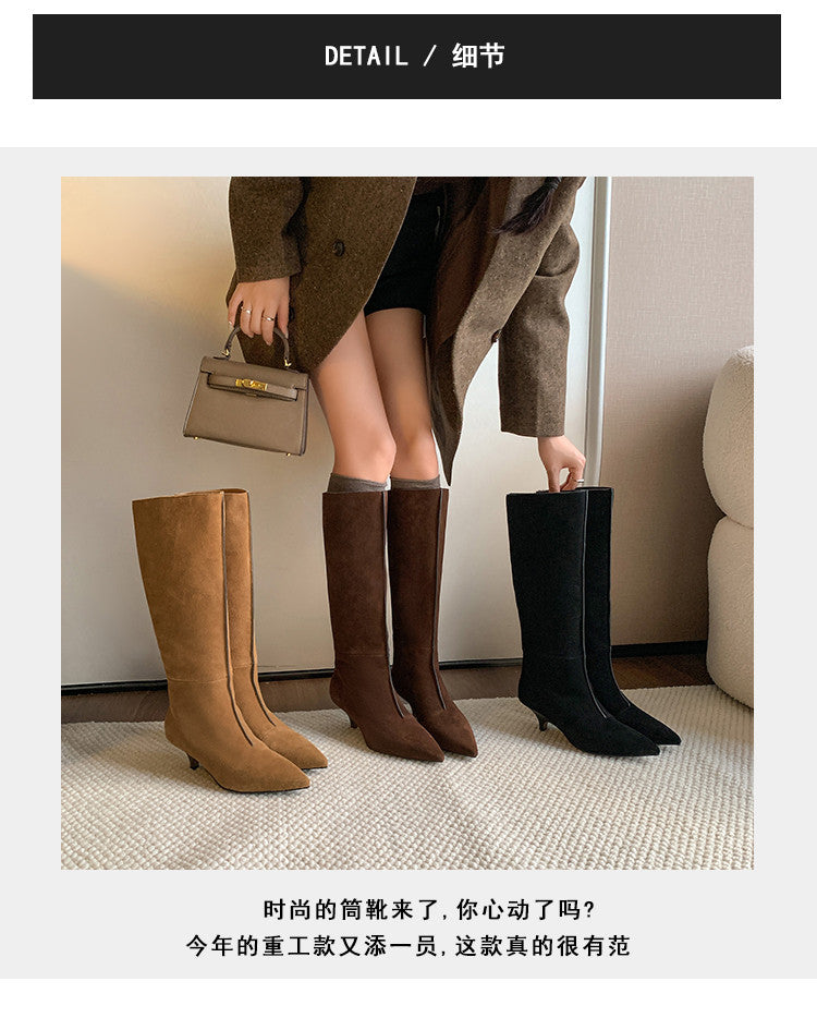 Karin Luna In Stock Spot Goods Retro Cowhide Pointed Toe Stiletto Elegant Long Boots