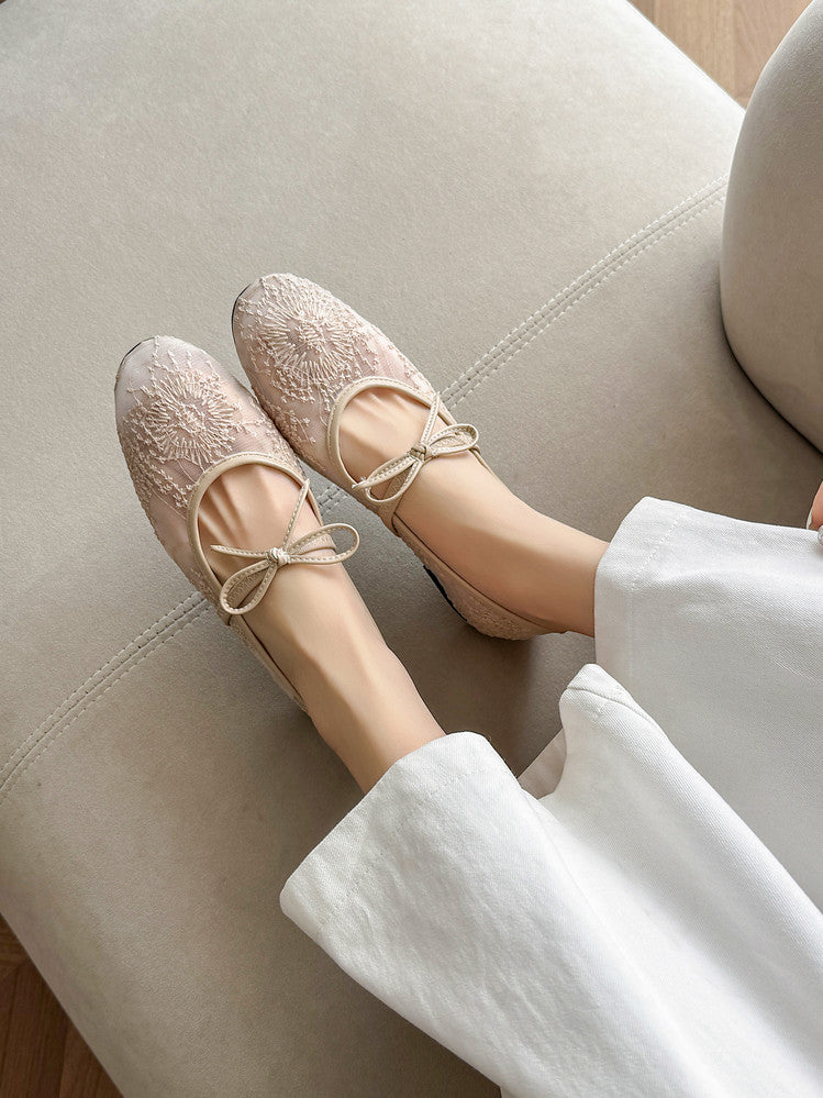 Karin Luna In Stock Spot Goods  Summer Breathable Retro Embroidered Bow Granny Shoes