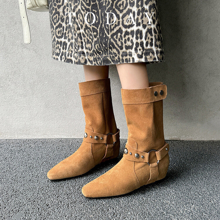 Karin Luna has prepared stock  Hot-Selling Retro Pointed Toe Wedge Metal Buckle High Tube Western Boots