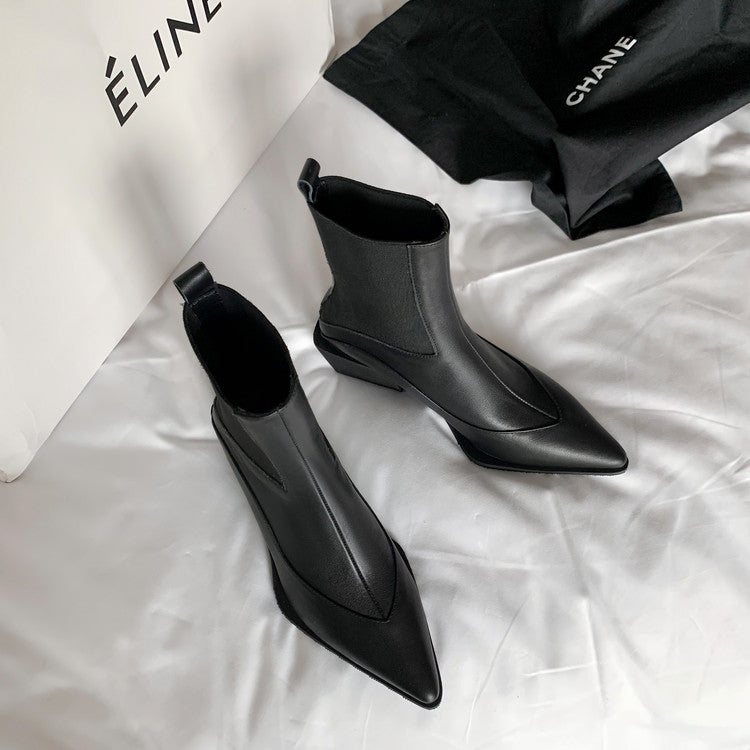Karin Luna In Stock Spot Goods   Elegant Pointed Toe Chunky Heel Ankle Boots