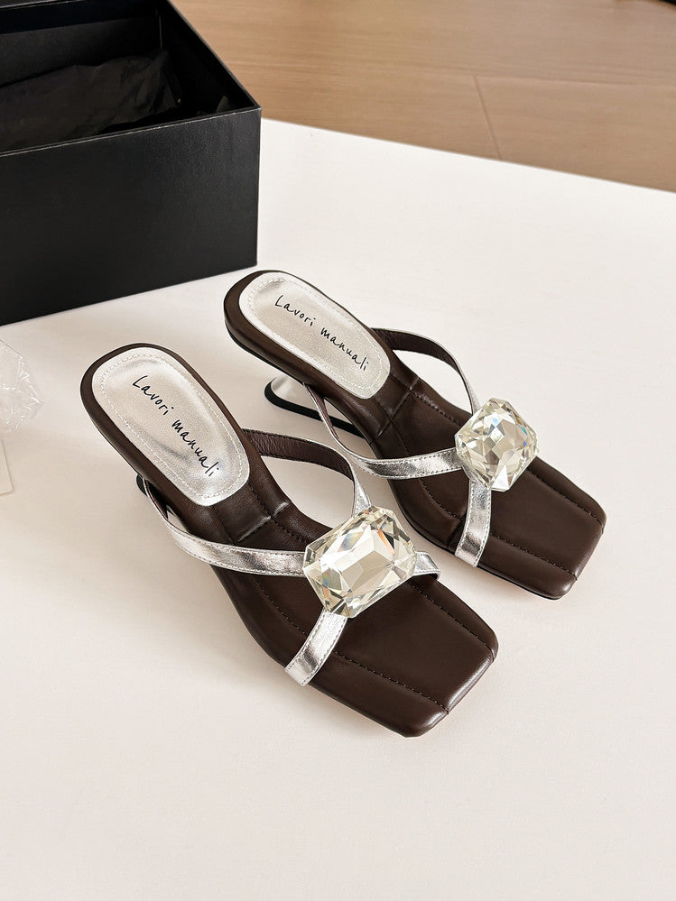 Karin Luna In Stock Spot Goods Rhinestone Square Toe Irregular Heel Slippers