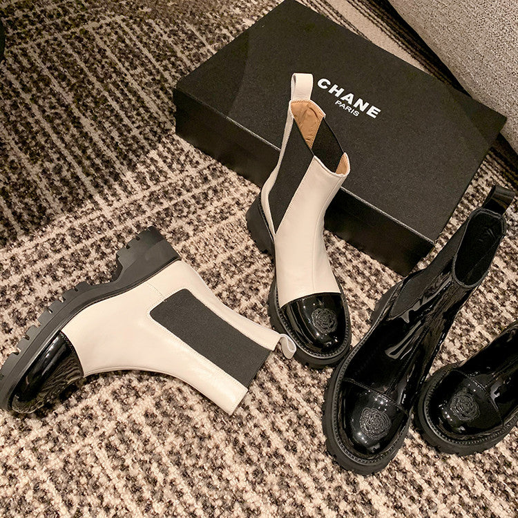 Karin Luna In Stock Spot Goods  Classic Embroidered Camellia Round Toe Thick Sole Chelsea Boots