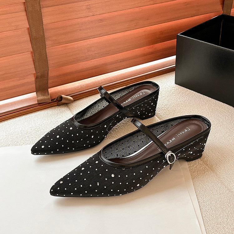 Karin Luna In Stock Spot Goods  Breathable Mesh Fabric Embellished Hand Drill Pointed Toe Slippers