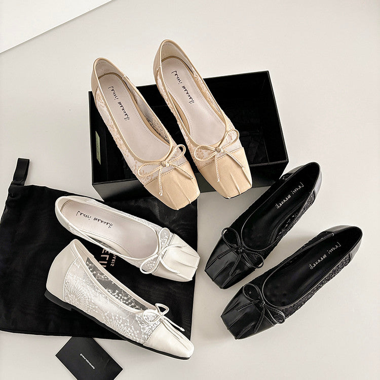 Karin Luna In Stock In Stock  Wrinkled Square Toe Patchwork Breathable Mesh Bow Granny Shoes