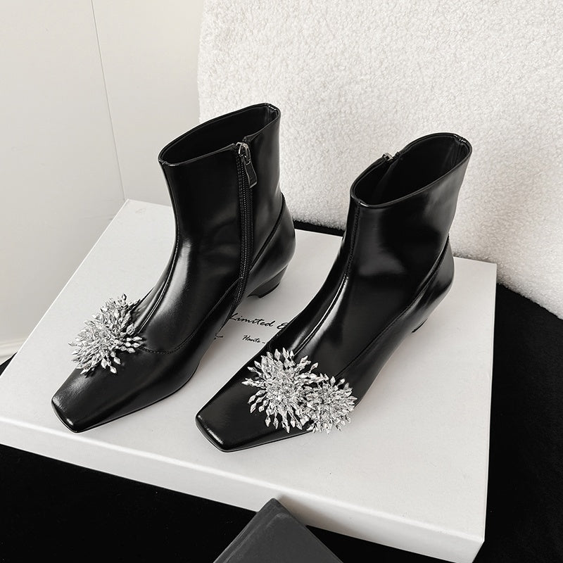 Karin Luna Elegant Style Square Toe Flower Design Height Increasing Short Boots with Two Front and Back Options