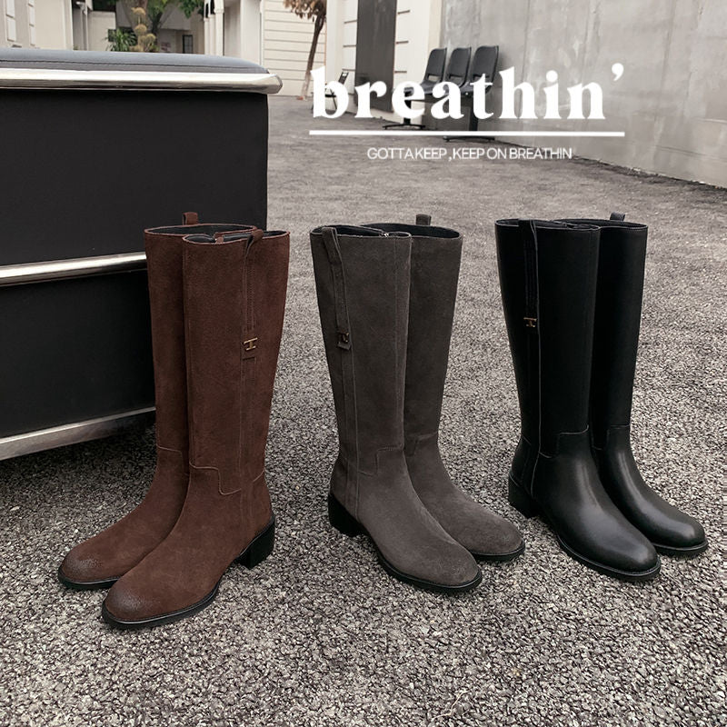 Karin Luna In Stock Spot Goods Basic Retro Square Toe Chunky Heel Riding Boots