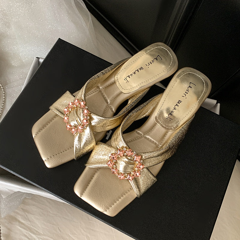 Karin Luna In Stock In Stock Elegant Square-Toe Cross-Strap Rhinestone Square-Toe Slippers