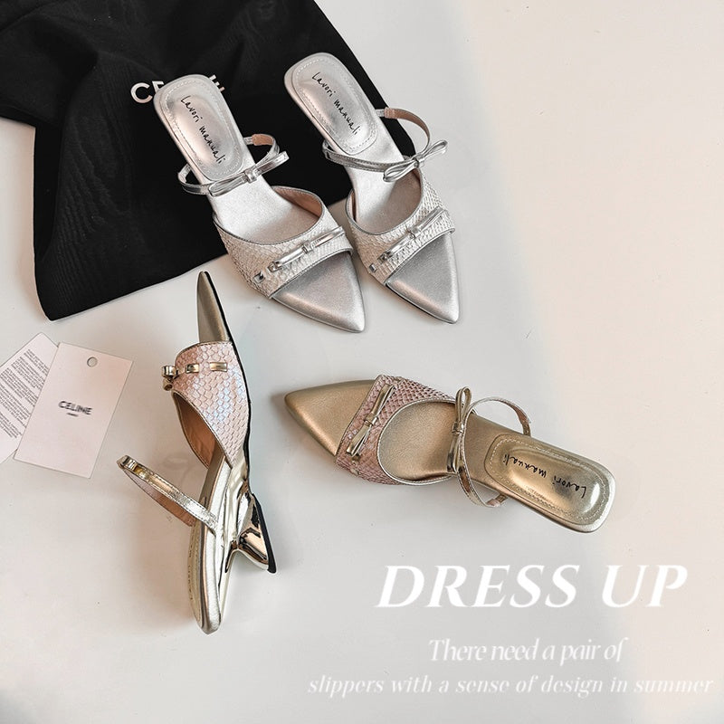Karin Luna Fish Skin Series~Pointed Toe Irregular Heel Bowknot Strap Slippers