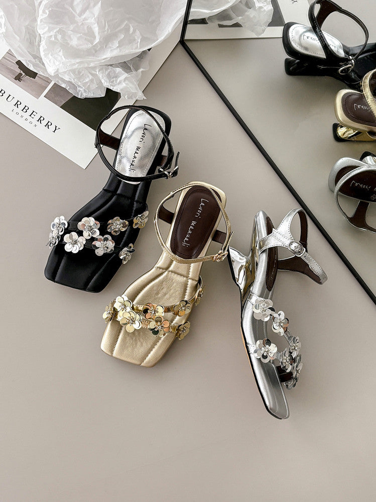 Karin Luna In Stock Spot Goods All the Best Square-Toed Sequin Flower Sandals