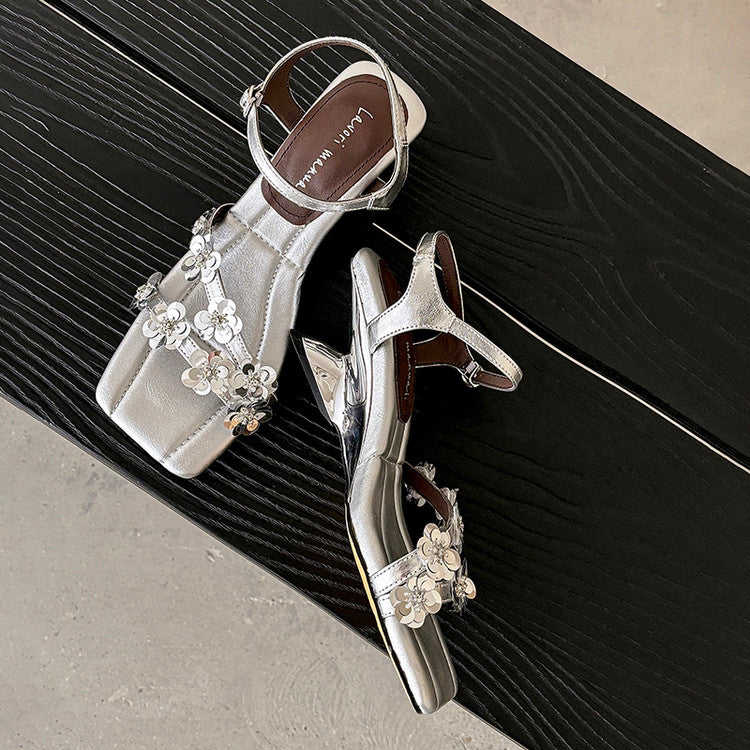 Karin Luna In Stock Spot Goods All the Best Square-Toed Sequin Flower Sandals