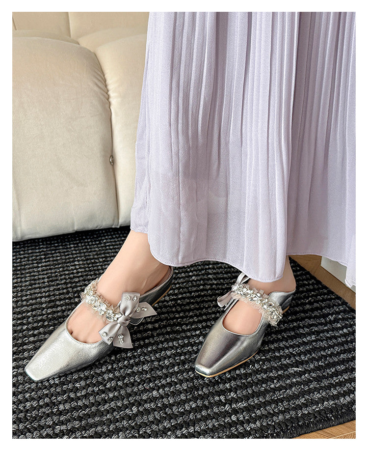 Karin Luna Handmade One-Strap Rhinestone Ribbon Square-Toe Mules