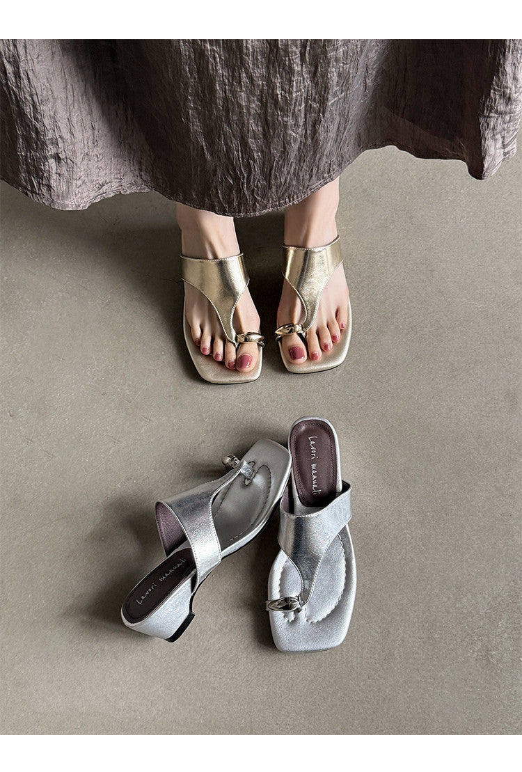 Karin Luna In Stock Spot Goods Clip-toe Square Toe Metal Buckle Minimalist Slippers