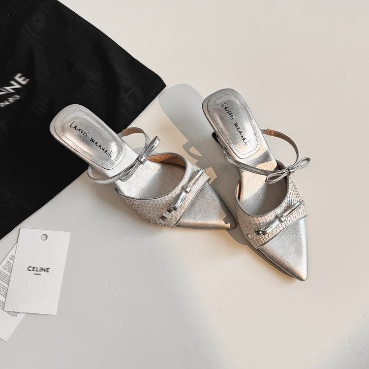 Karin Luna Fish Skin Series~Pointed Toe Irregular Heel Bowknot Strap Slippers