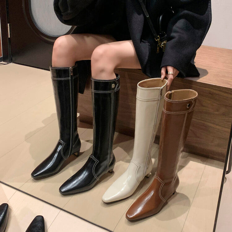 Karin Luna In Stock Spot Goods  Vintage Open Stitch Small Square Toe High Heel Side Zipper Riding Boots