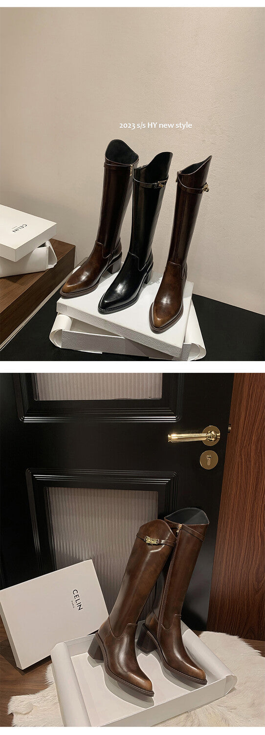 Karin Luna Hot-Selling Fasteners Sold as soon as listed Comes with data plan included Pointed Toe Chunky Heel Classic Full Cowhide Leather Riding Boots