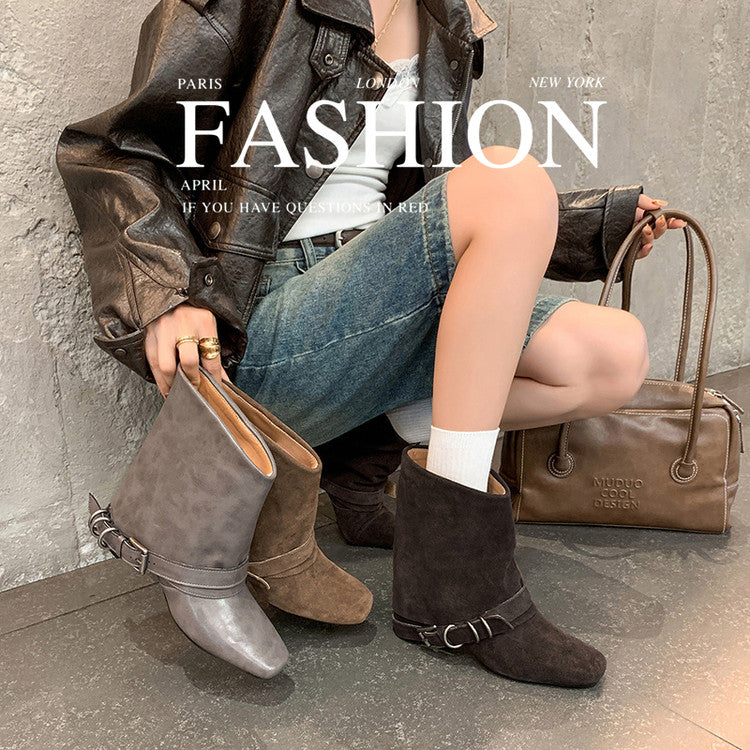 Karin Luna Data Hot Item Square Toe Hidden Wedge Belt Buckle Suede Ankle Boots