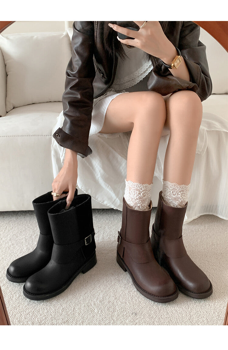 Karin Luna Belt Buckle Chunky Heel Fashion Short Boots