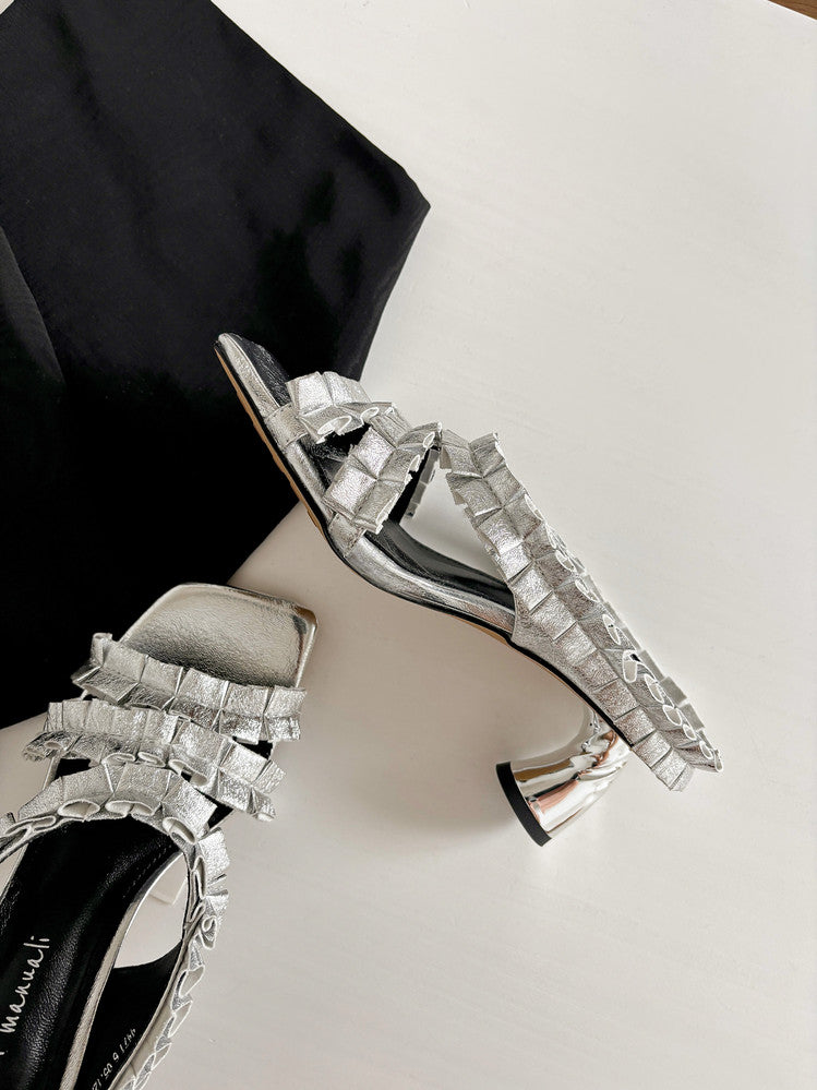 Karin Luna In Stock  Spot Goods  Unique Square-Toe Pleated Lace Sandals