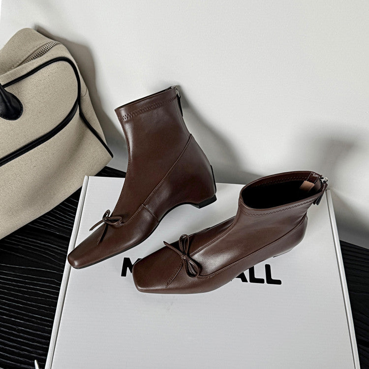 Karin Luna French Style Square Toe Bowknot Hidden Wedge Slim Boots