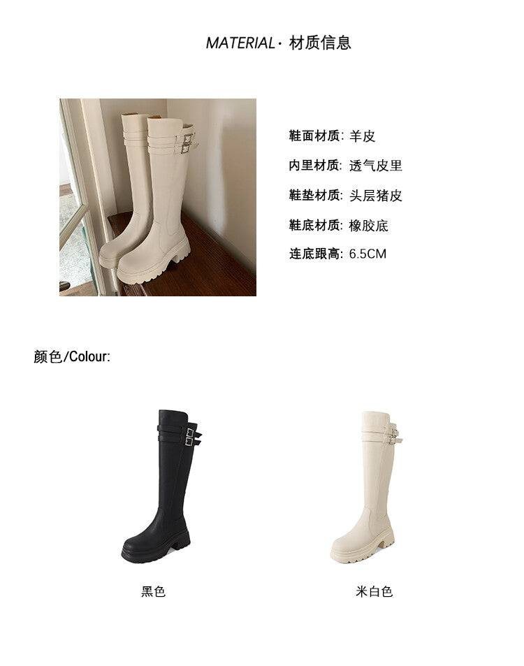 Karin Luna In Stock Best-selling in stock   Super Soft Sheepskin  Round Toe Thick Sole Vintage Belt Buckle Long Boots
