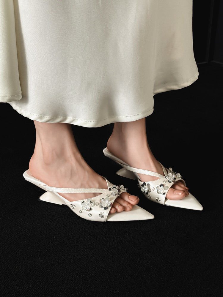 Karin Luna Bestseller Sequin Elements Elegant Pointed Toe Irregular Heel Slippers