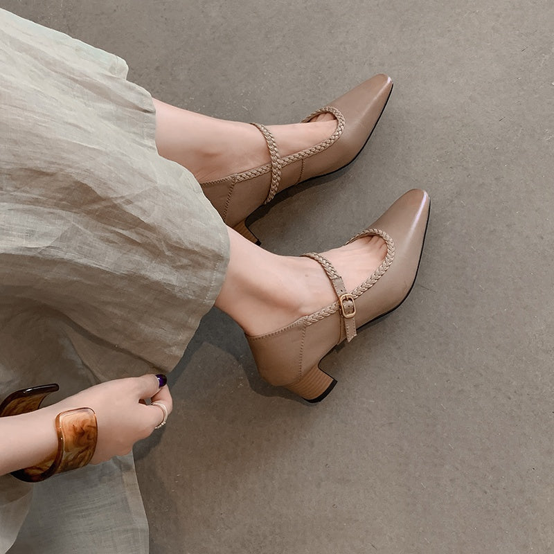 Karin Luna Braided Element Design Chunky Heel Square Toe Single Strap Shoes