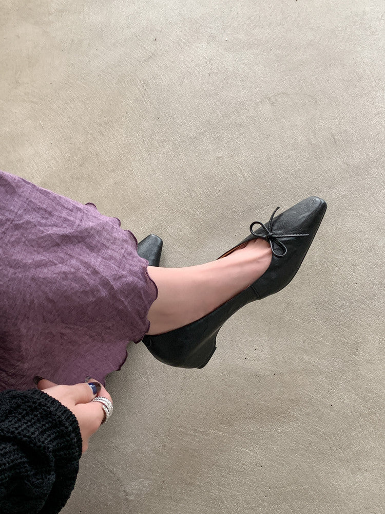Karin Luna Full Layer Inside and Out~Basic Versatile Small Square Toe Butterfly Knot Irregular Heel Single Shoes