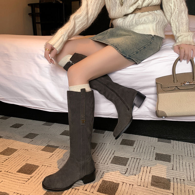 Karin Luna In Stock Spot Goods Basic Retro Square Toe Chunky Heel Riding Boots