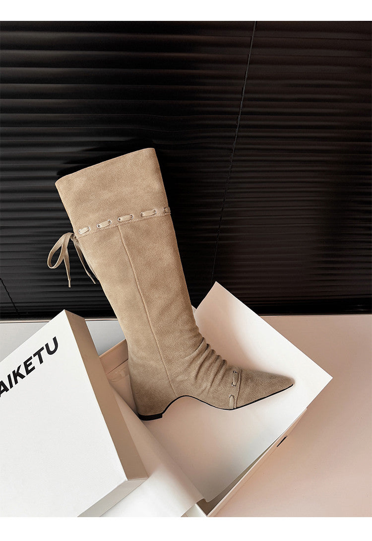 Karin Luna Elegant Style  Pointed Toe Pleated Hidden Wedge Western Boots