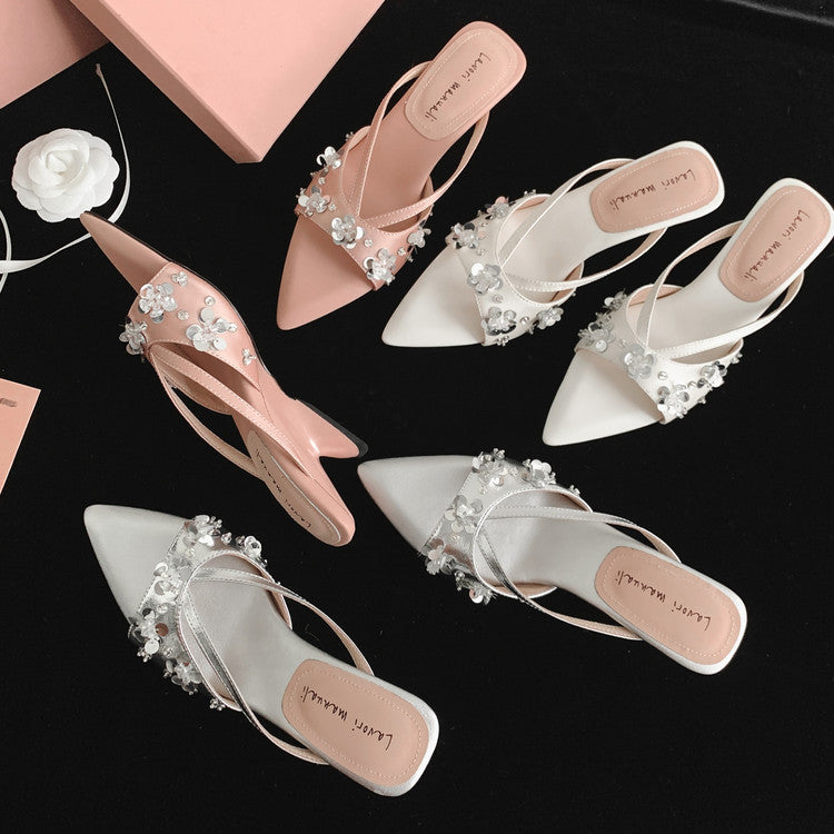 Karin Luna Bestseller Sequin Elements Elegant Pointed Toe Irregular Heel Slippers