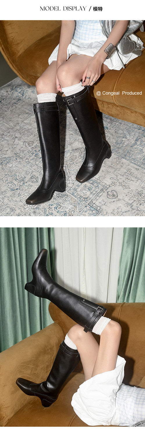 Karin Luna Belt Buckle Elegant Chunky Heel Suede Western Boots