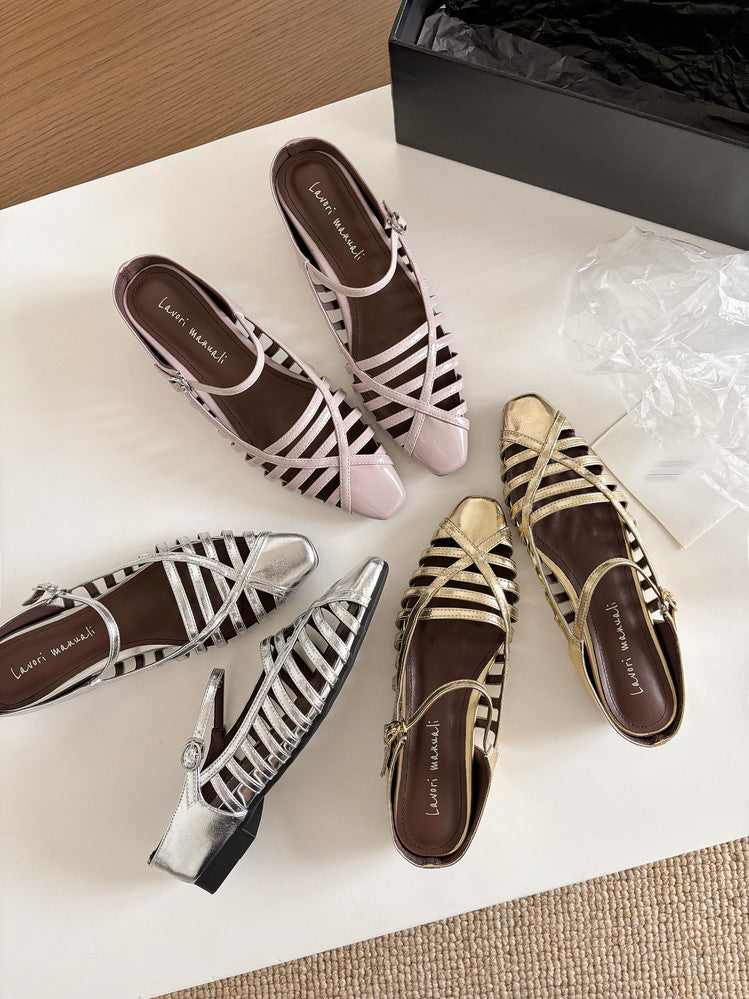 Karin Luna In Stock Spot Goods   French Retro Hollow Small Square Toe One-Strap Slippers