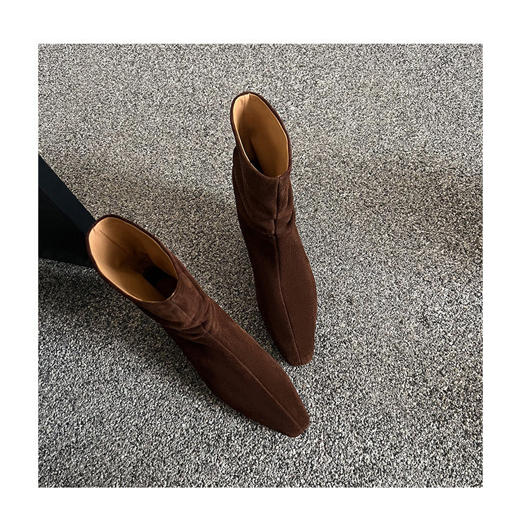 Karin Luna In Stock Spot Goods  Retro Wrinkled Small Square Toe Short Boots