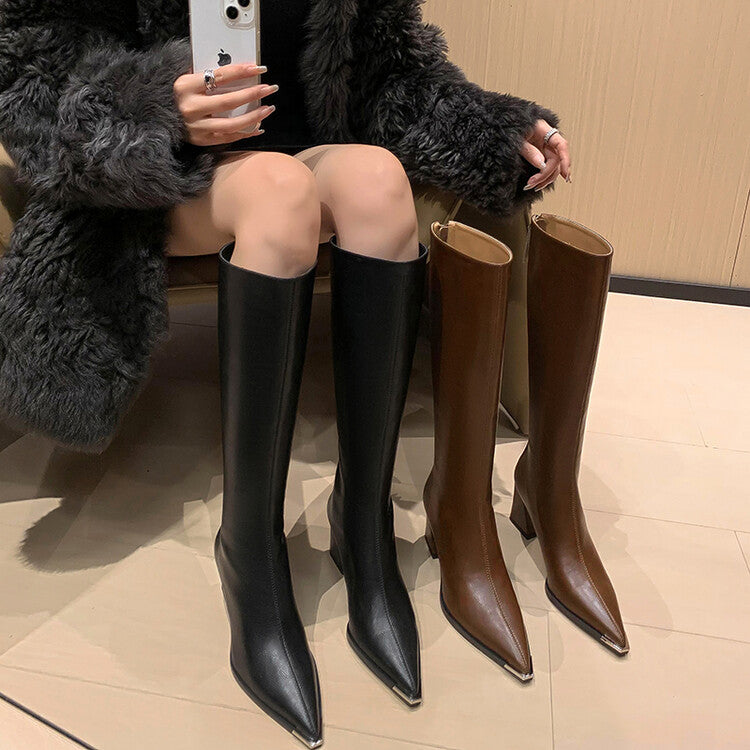 Karin Luna In Stock  In Stock Elegant Metal Pointed Toe Chunky Heel Full Cowhide Leather Riding Boots