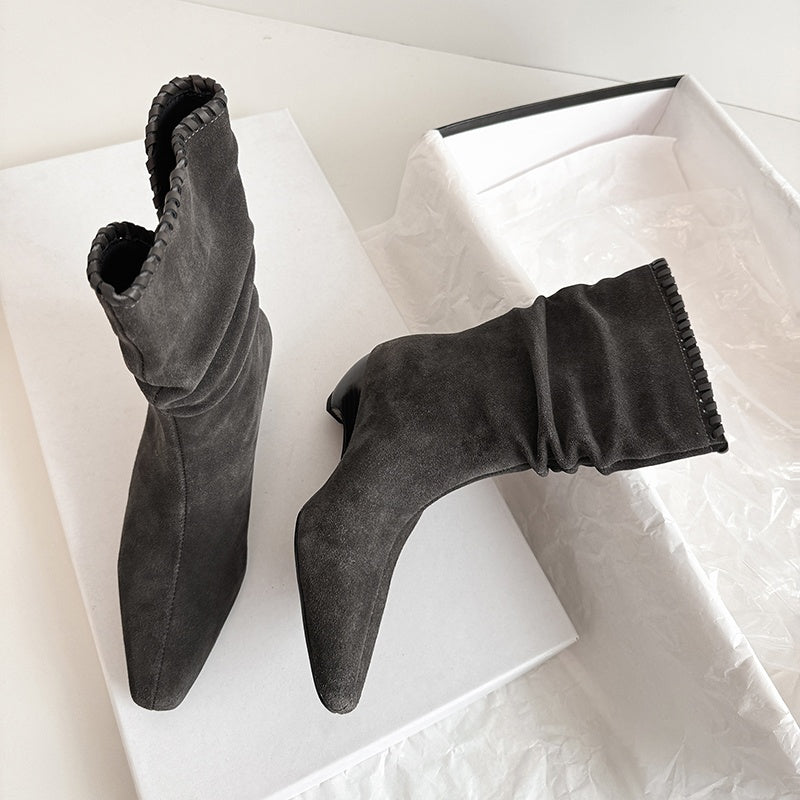 Karin Luna Elegant Style Small Square Toe Pleated Short Boots