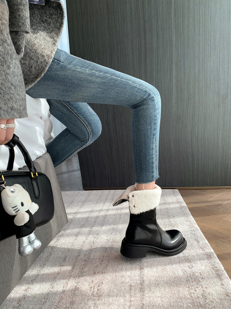 Karin Luna Classic Basic Style   Convertible Foldable Hidden Buckle Snow Fur Shoes Full cowhide Basic Flat Short Boots