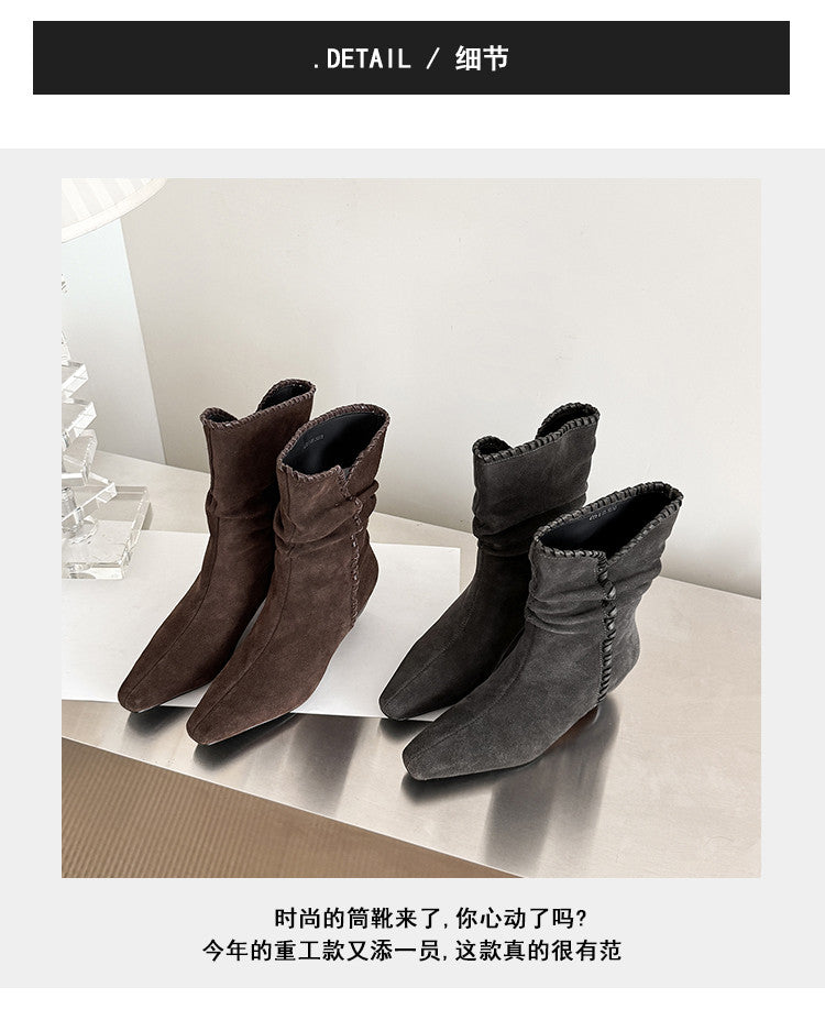 Karin Luna Elegant Style Small Square Toe Pleated Short Boots
