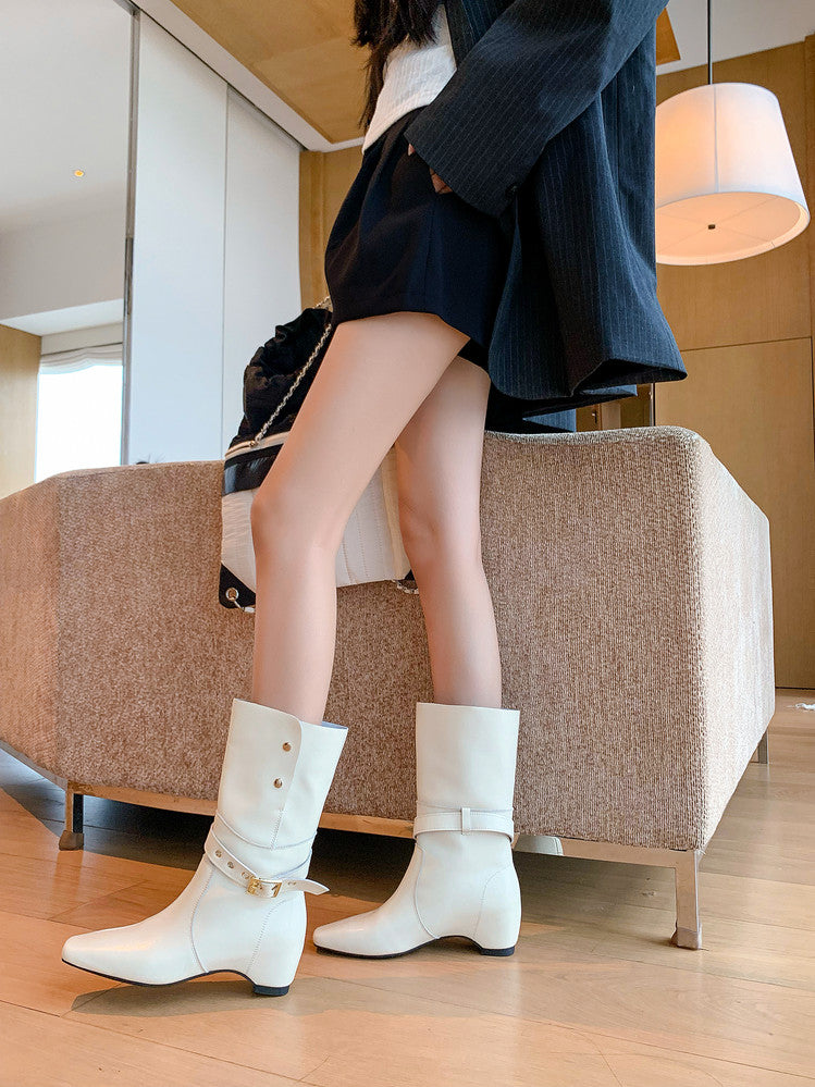 Karin Luna Foldable Belt Buckle Square Toe Hidden Wedge Short Boots