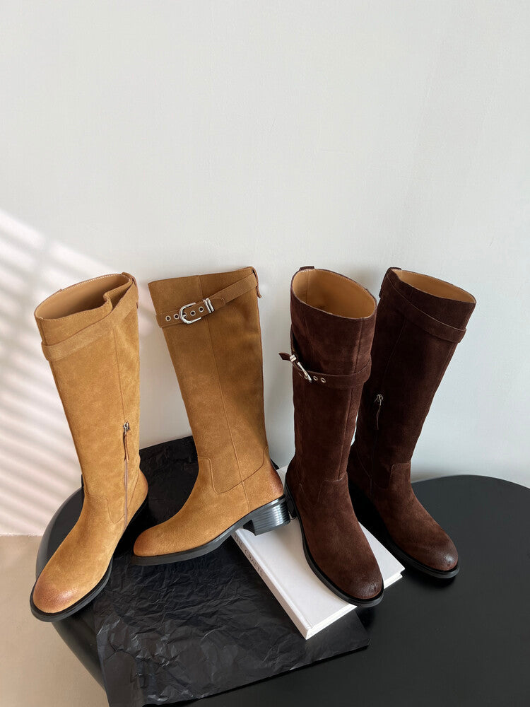 Karin Luna Chunky Heels Round Head Belt Buckle  Fashionable Suede Boots