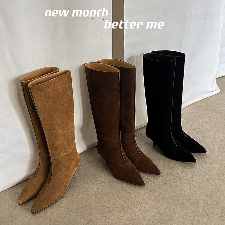 Karin Luna In Stock Spot Goods Retro Cowhide Pointed Toe Stiletto Elegant Long Boots