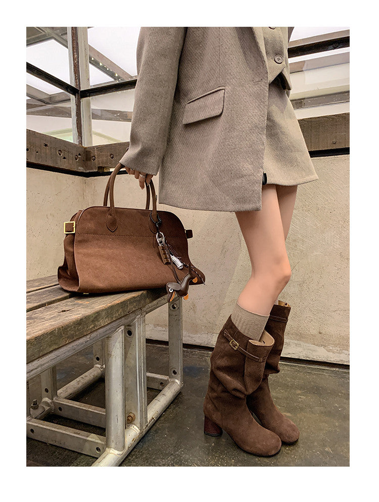 Karin Luna In Stock In Stock Mango Head Large Tube Belt Buckle Chunky Heel Long Boots