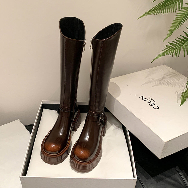 Karin Luna In Stock Spot Goods Round Toe Thick Sole Belt Buckle Straight Long Boots