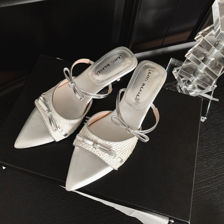 Karin Luna Fish Skin Series~Pointed Toe Irregular Heel Bowknot Strap Slippers