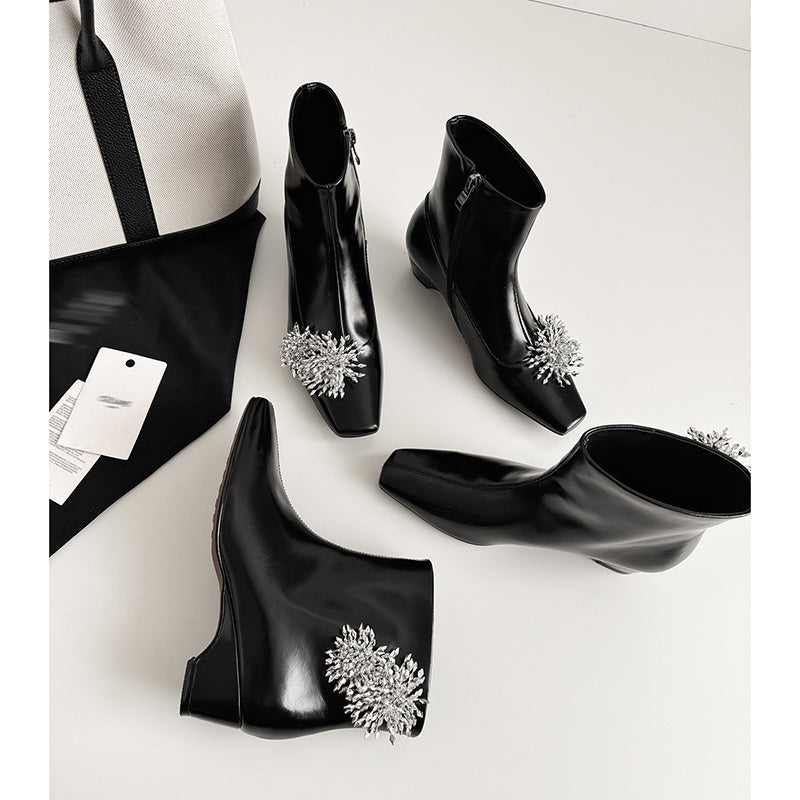 Karin Luna Elegant Style Square Toe Flower Design Height Increasing Short Boots with Two Front and Back Options