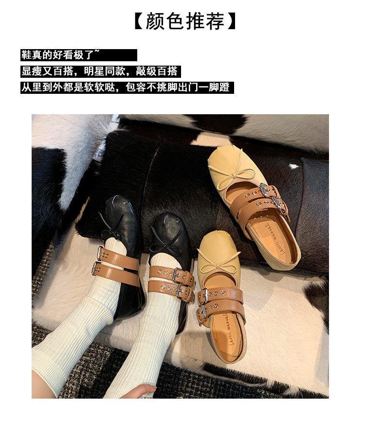 Karin Luna In Stock Spot Goods Minimalist Retro Round Toe Mary Jane Bowknot Height-Increasing Flats
