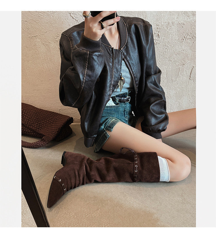 Karin Luna Elegant Style  Pointed Toe Pleated Hidden Wedge Western Boots