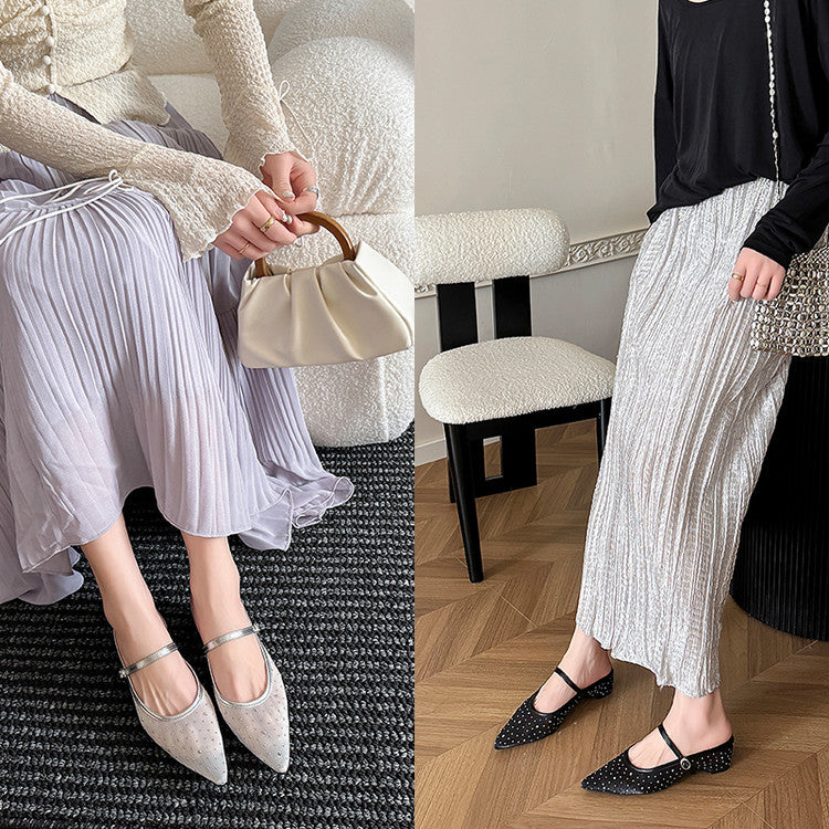 Karin Luna In Stock Spot Goods  Breathable Mesh Fabric Embellished Hand Drill Pointed Toe Slippers