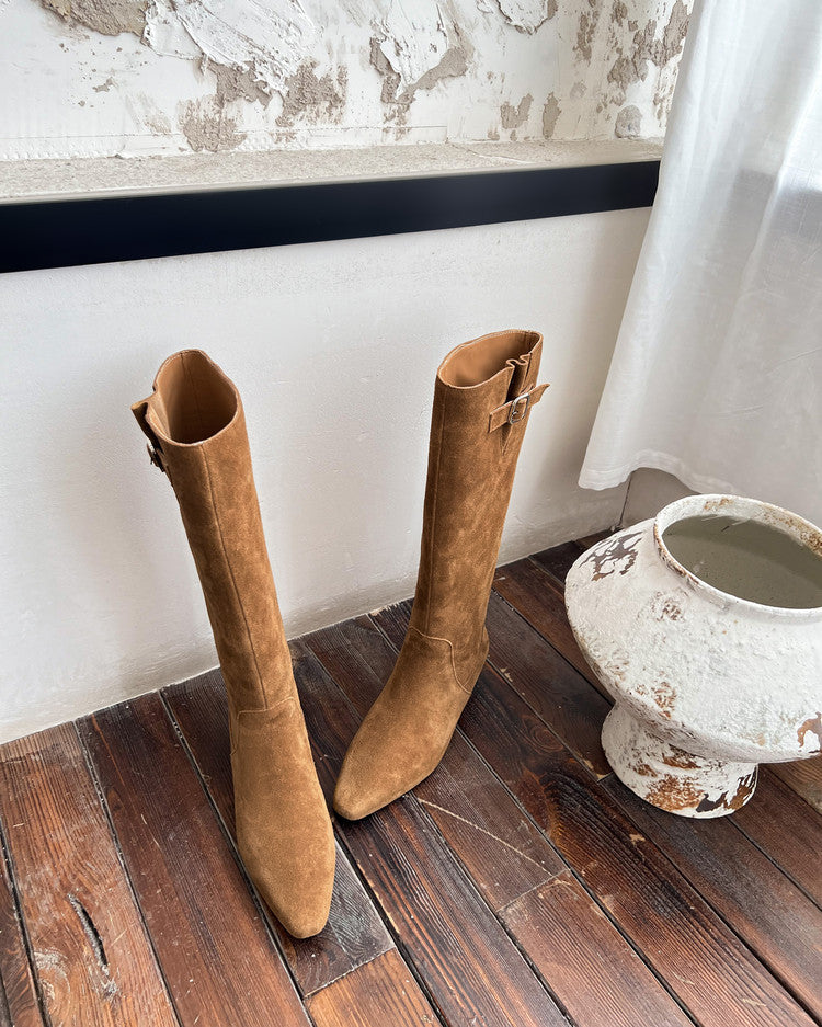 Karin Luna In Stock Spot Goods Vintage Cowhide Leather Chunky Heel Height Increasing Long Boots